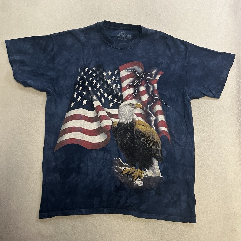 The Mountain Bald Eagle American Flag Lighting Blue Tie Dye T-Shirt Mens Size XL
